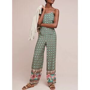 Farm Rio Green Floral Print Honolulu Wide Leg Pant Jumpsuit XS Anthropologie